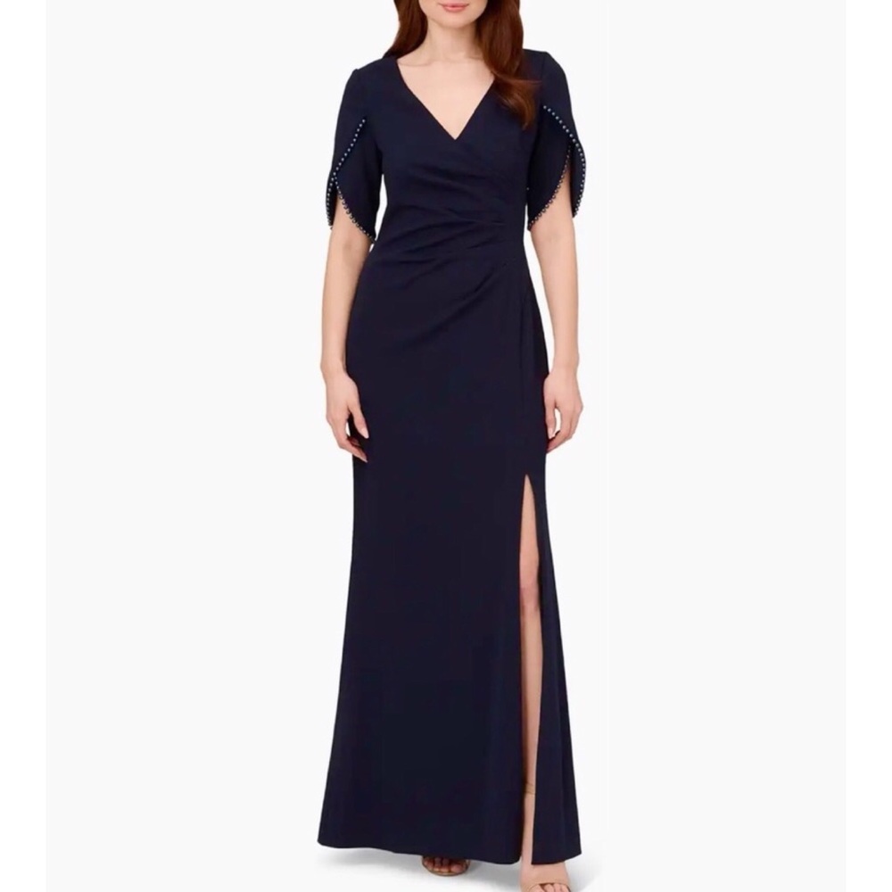 Adrianna Papell beaded sleeve v neck maxi dress with slit gown